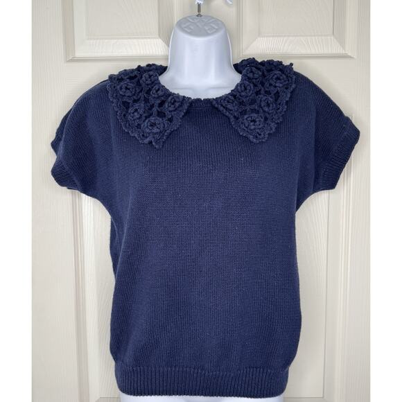 VTG Crochet Collar Short Sleeve Sweater Womens M Navy Blue Preppy GrannyCore - Picture 1 of 14